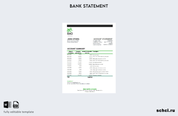 скачать в цифровом формате шаблон Excel выписки по банковскому счету Banco da Af